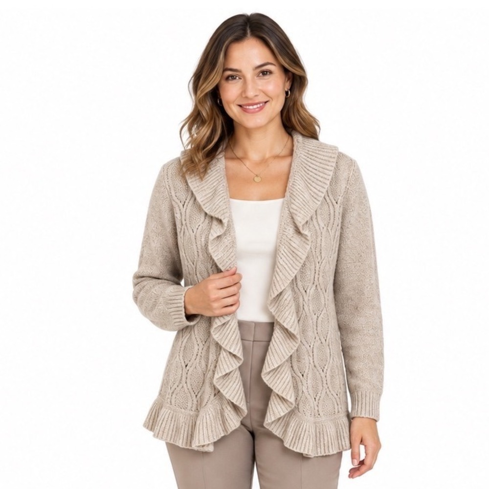Carolyn Taylor Womens Large Beige Cable Knit Ruffle Shawl Collar Cardigan